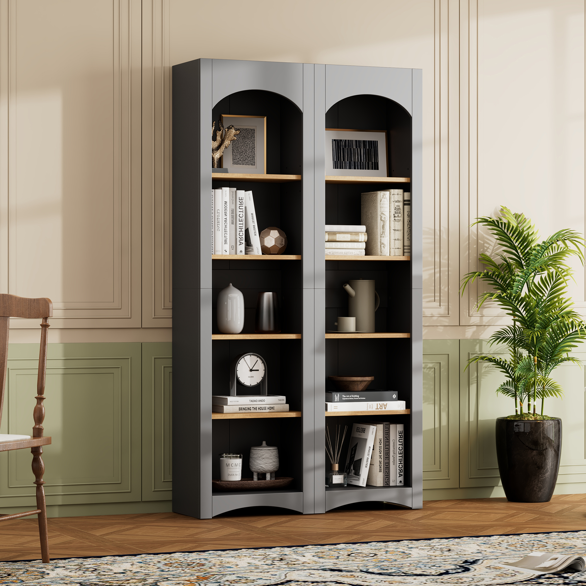 Small apartment storage wall with shelving and compact cabinet organization